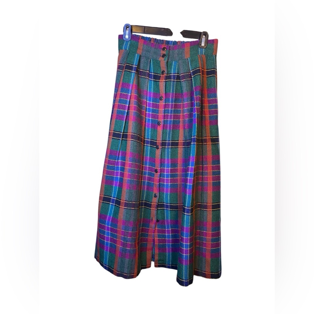 Vintage 1980’s Claude Flannel Wool Blend Plaid Button Down Midi Skirt S Fall